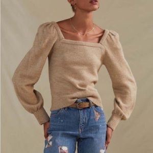 Beige Balloon Sleeve Square Neck Sweater